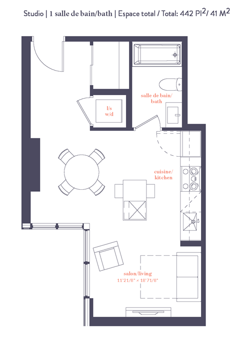 A floor plan of a studio apartment with a living room, kitchen, and bathroom.